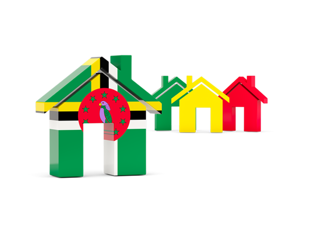 Three houses with flag. Download flag icon of Dominica at PNG format