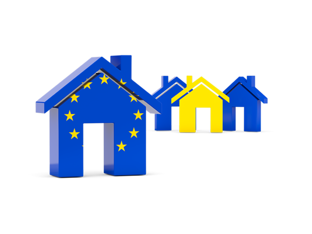 Three houses with flag. Download flag icon of European Union at PNG format
