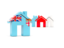 Fiji. Three houses with flag. Download icon.