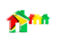Guyana. Three houses with flag. Download icon.