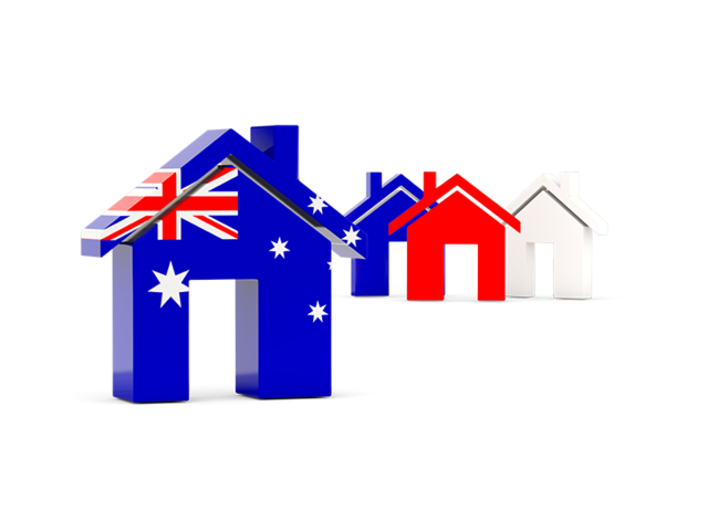 Three houses with flag. Download flag icon of Heard Island at PNG format