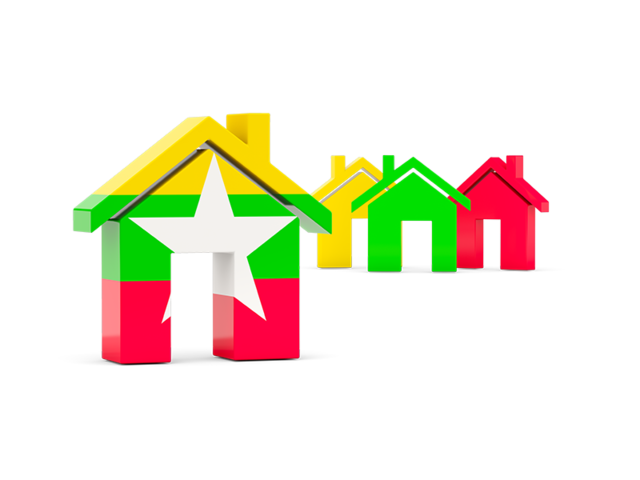 Three houses with flag. Download flag icon of Myanmar at PNG format