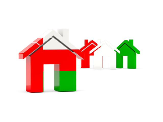 Three houses with flag. Download flag icon of Oman at PNG format