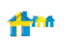 Sweden. Three houses with flag. Download icon.