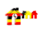 Uganda. Three houses with flag. Download icon.