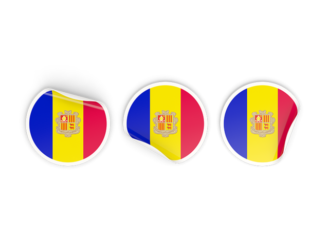 Three round labels. Download flag icon of Andorra at PNG format